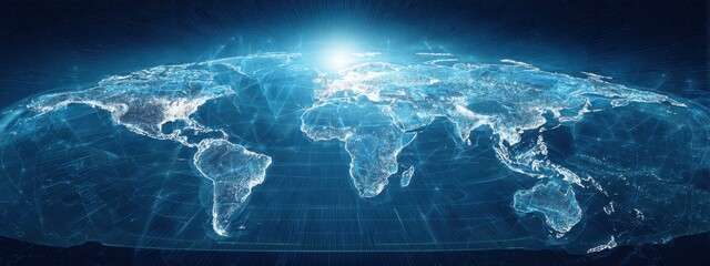 Global map, digital design, world continents, glowing network, blue background