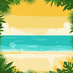 Tropical beach scene with jellyfish in the water. Peaceful ocean view framed by lush green foliage with a golden sunset. Vacation spot for relaxing -