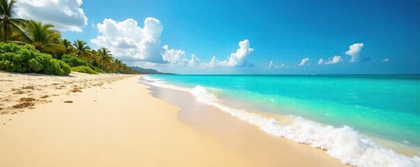 Obraz premium Golden sand stretches along a turquoise ocean, waves gently lapping the shore under a bright, sunny sky Perfect for summer vacations and relaxation , heat, nature