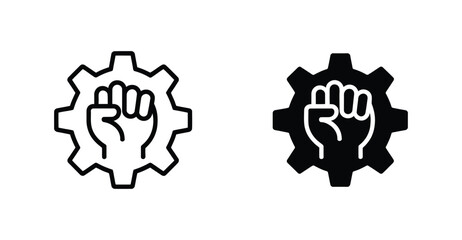 Dual labor movement icons with raised fist inside gear in outline and silhouette style, symbolizing solidarity, activism, and industrial rights