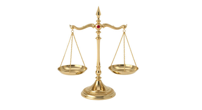Ornate golden balance scale with empty pans, signifies equality. isolated on transparent background, png.