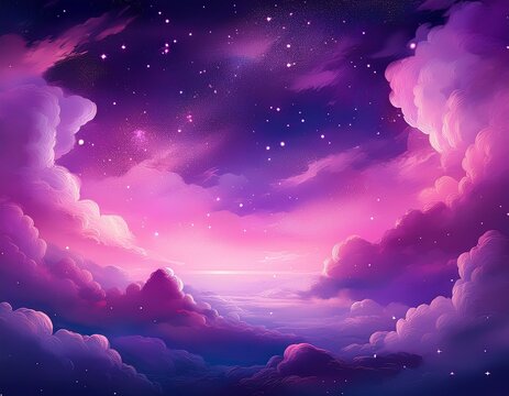 pink and purple celestial sky with fluffy clouds and glowing stars creating a dreamy and ethereal atmosphere