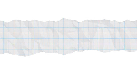 Torn piece of crumpled white graph paper with grid lines isolated on white background, png.