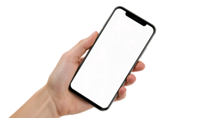 Hand holding a modern smartphone with a blank screen . Mockup display. isolated on white background, png.