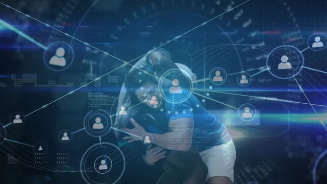 Two wrestlers circling in arena sparking tech network during lifting and taking down for winning