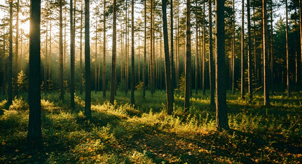 Fototapeta premium Forest of tall pine trees with sunbeams shining through