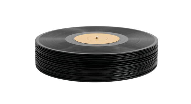 Stack of vinyl records creates an iconic and timeless visual element, isolated on white background, png.