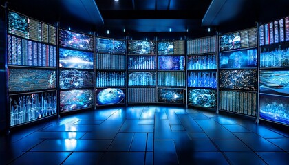 futuristic wall of media screens with dynamic blue lighting
