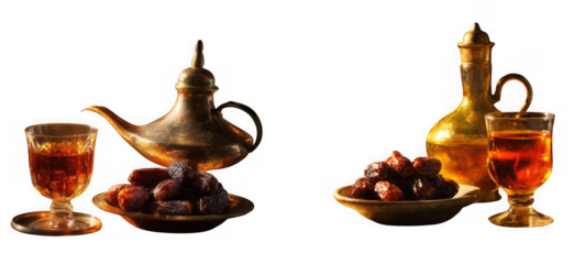 Traditional arabic coffee pot with dates and a glass of coffee, isolated on transparent background