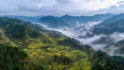 Misty mountain valley with terraced rice paddies (5)