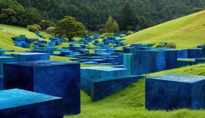 Blue cubes on a grassy hillside