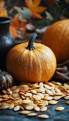 Bright Orange Pumpkins Surrounded by Seeds and Autumn Leaves in a Sunlit Setting.