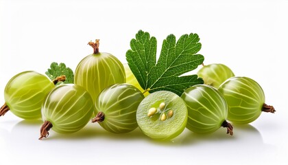 closeup of fresh green gooseberries with leaf and cut sections on white background