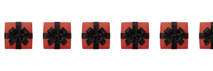 Elegant Gift Array: Presents, each wrapped with a deep black ribbon atop a vibrant red box, arranged seamlessly, representing the essence of gifting and celebration.