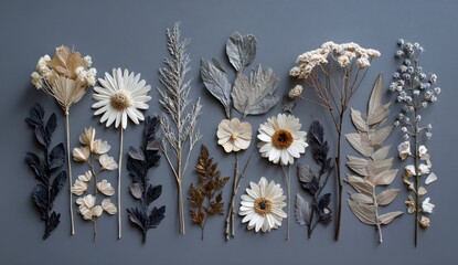 Arrangement of dried flowers and plants on a gray background