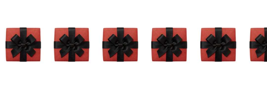 Elegant Gift Array: Presents, each wrapped with a deep black ribbon atop a vibrant red box, arranged seamlessly, representing the essence of gifting and celebration.