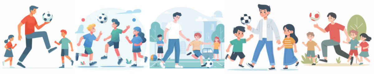 vector of young man playing ball with children