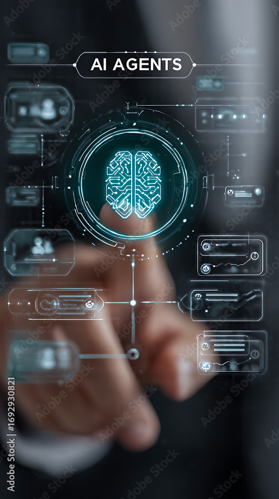 Poster futuristic digital brain interface with glowing circuits and data streams artificial intelligence