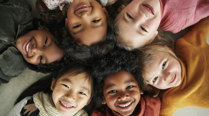 Group of diverse cheerful fun happy multiethnic children outdoors at the schoolyard	