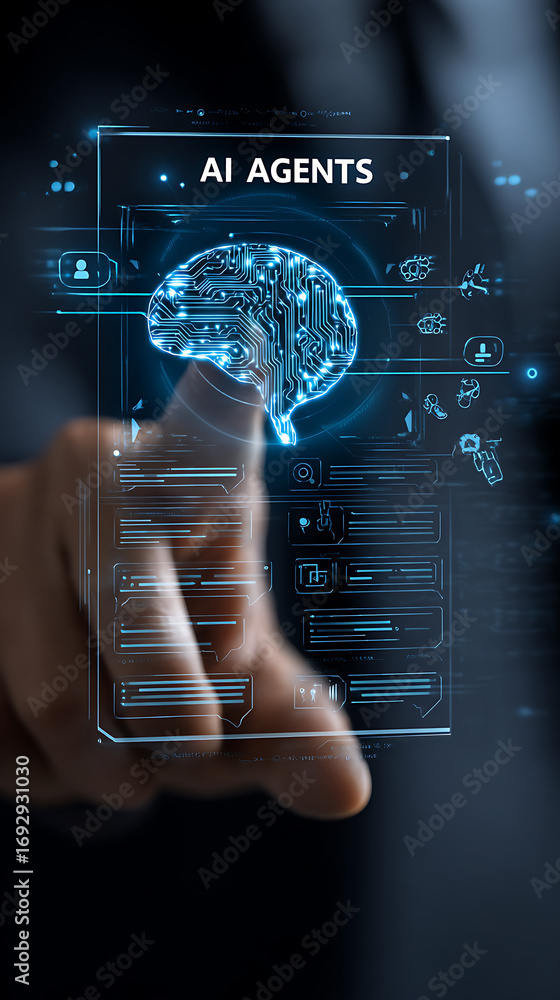 Poster futuristic digital brain interface with glowing circuits and human finger interaction artificial int