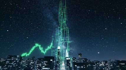 Futuristic cityscape digital skyscraper glowing green line night sky starry background with illuminated urban skyline, upward financial chart, business growth, economic progress, and modern - Powered by Adobe