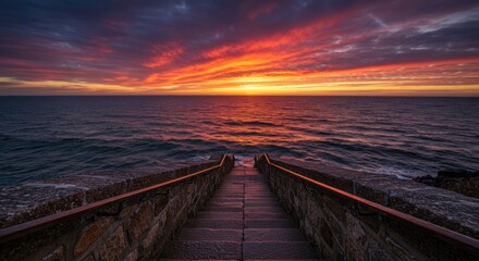 Dramatic sunset over the ocean, with stone steps leading down to the water's edge.