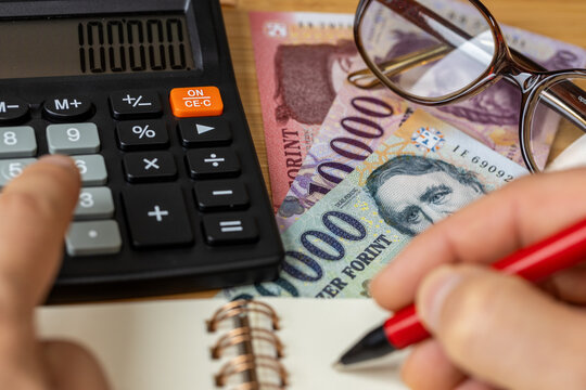Financial settlements in Hungarian forints, Financial analysis, Tax calculation, Risk costs, business project. Hungary money, close up