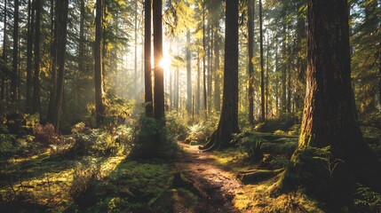 Fototapeta premium Sunlight streams through a misty forest, illuminating a pathway lined with ancient trees and mossy ground cover.