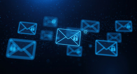 Glowing blue email envelopes with lock icons floating in a dark digital space
