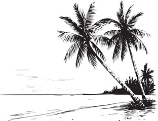 palm trees on the beach engraving outline vector art illustration design, palm tree silhouette, hand drawn beach drawing, line art palm tree, sea, beach, summer view, vintage palm tree on sea beach.	
