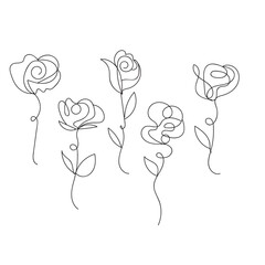 Artistic single line drawing of six beautiful roses floral design white background