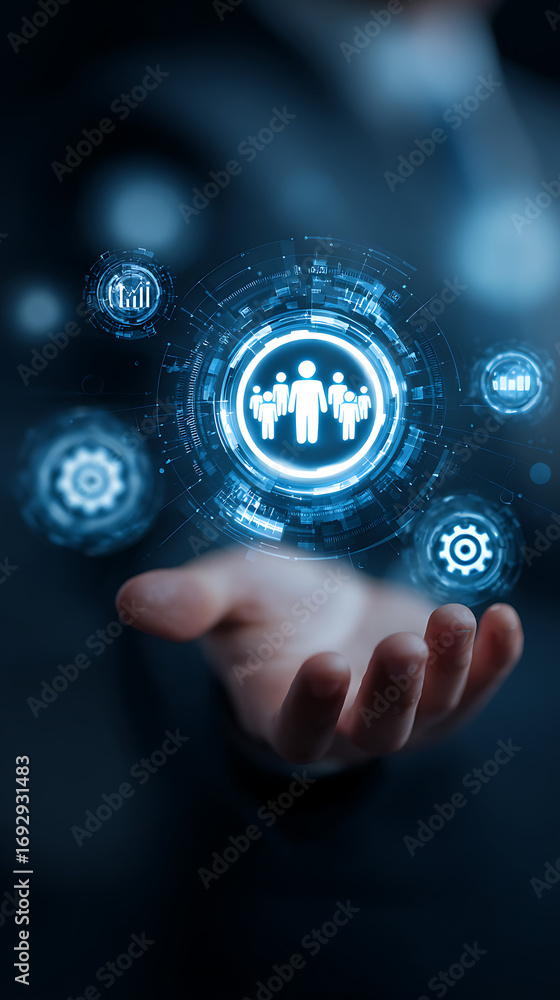 Fototapete futuristic digital interface displaying human figures and data charts hovering over an open palm tec
