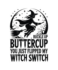 Black silhouette of a witch flying on a broomstick with text