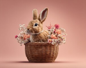 A small brown rabbit nestled in a shallow wicker basket filled with pastel-colored flowers