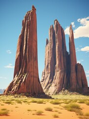 A scenic view of towering sandstone buttes in a desert landscape under a bright blue sky with clouds