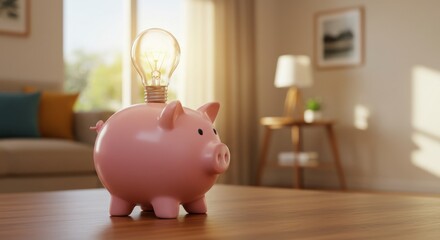 A pink piggy bank with a glowing light bulb on top, sitting on a wooden table in a bright living room.