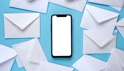 Smartphone on blue background surrounded by envelopes