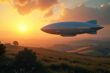 Futuristic airship gracefully floating above sprawling farm fields, bathed in the golden light of sunset The scene showcases a blend of advanced technology and natural beauty , flight, view