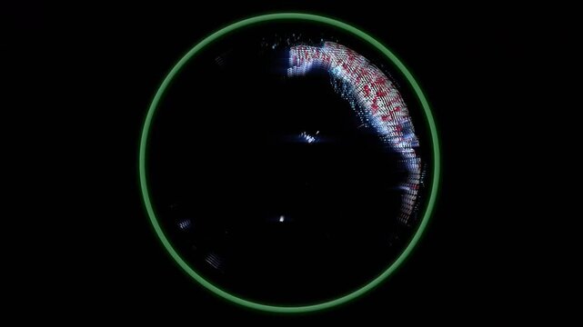 At startup digital globe pulsing and rotating westward inside neon-green ring revealing continents