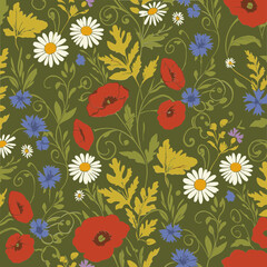 Obraz premium Floral pattern featuring poppies, daisies, and cornflowers in a variety of colors against a muted olive green background with detailed leaves and swirls.