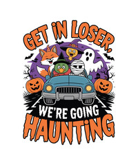 Halloween characters in car with pumpkins and bats