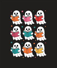 Nine cartoon ghosts reading books on black background