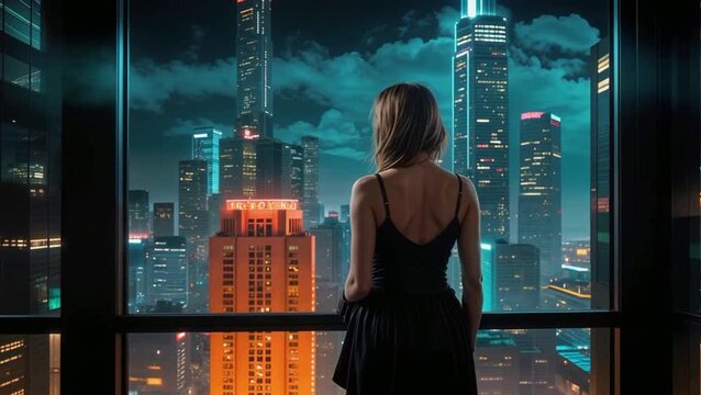  Mujer  de pie en un apartamento de gran altura y mirando una impresionante metrópolis 