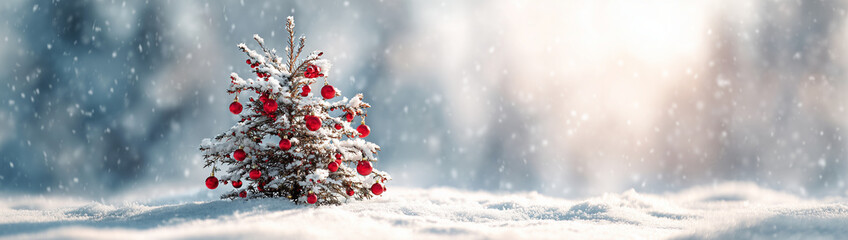 Winter Christmas Tree in Snow, Snowflakes Falling, Festive Holiday Scene