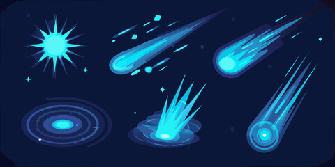 Collection of glowing blue celestial objects and cosmic phenomena in deep space © Piku