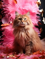 A fluffy cat sits amidst pink paper decorations and gold confetti looking upwards with curiosity