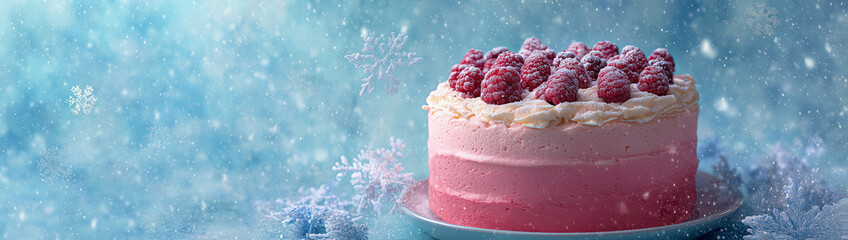Pink Frosted Cake with Raspberries, Snowflakes, and Winter Background