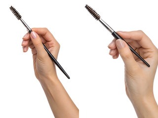 Woman holding eyebrow brush, close-up makeup application tool isolated on transparent background