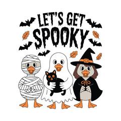 Three ducks in Halloween costumes with bats and leaves