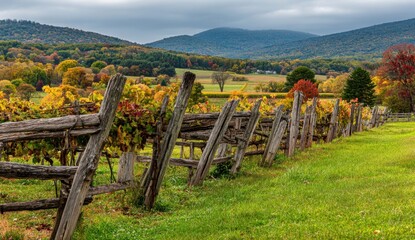 Autumnal vineyard landscape with rustic wooden fence